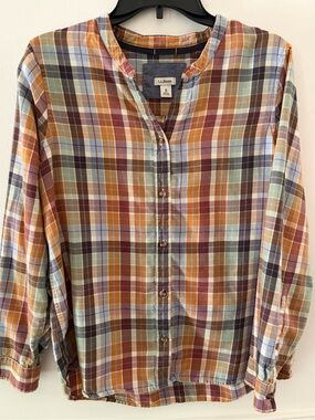L.L.Bean Collarless Plaid Flannel Button-down Shirt-Women’s